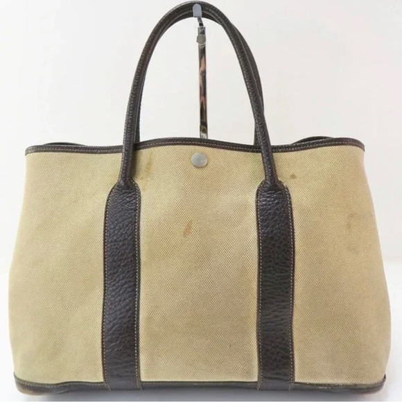 SOLD Auth HERMES Beige Canvas and Brown Leather Garden Party Tote Bag Purse - Picture 4 of 11